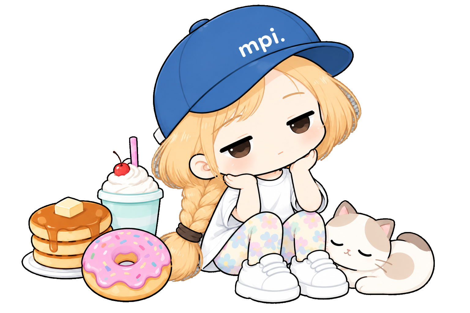 座っているmopeeちゃんと猫ちゃん、おやつ